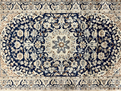 Persian Nain Rug 3x5, Floral Medallion Oriental Carpet, Very Fine Hand Knotted Handmade Wool and Silk Highlights Rug, Vintage Semi Antique - Nuvé