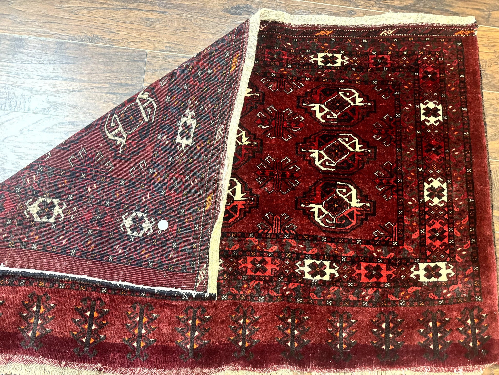 Antique Afghan Turkoman Mafrash Rug 3x5, Red, Hand Knotted, Wool, Tribal Collectible - Nuvé
