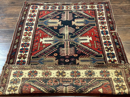 Antique Shirvan Caucasian Rug 3x5, Geometric Pattern, Red Navy Blue Beige - Nuvé