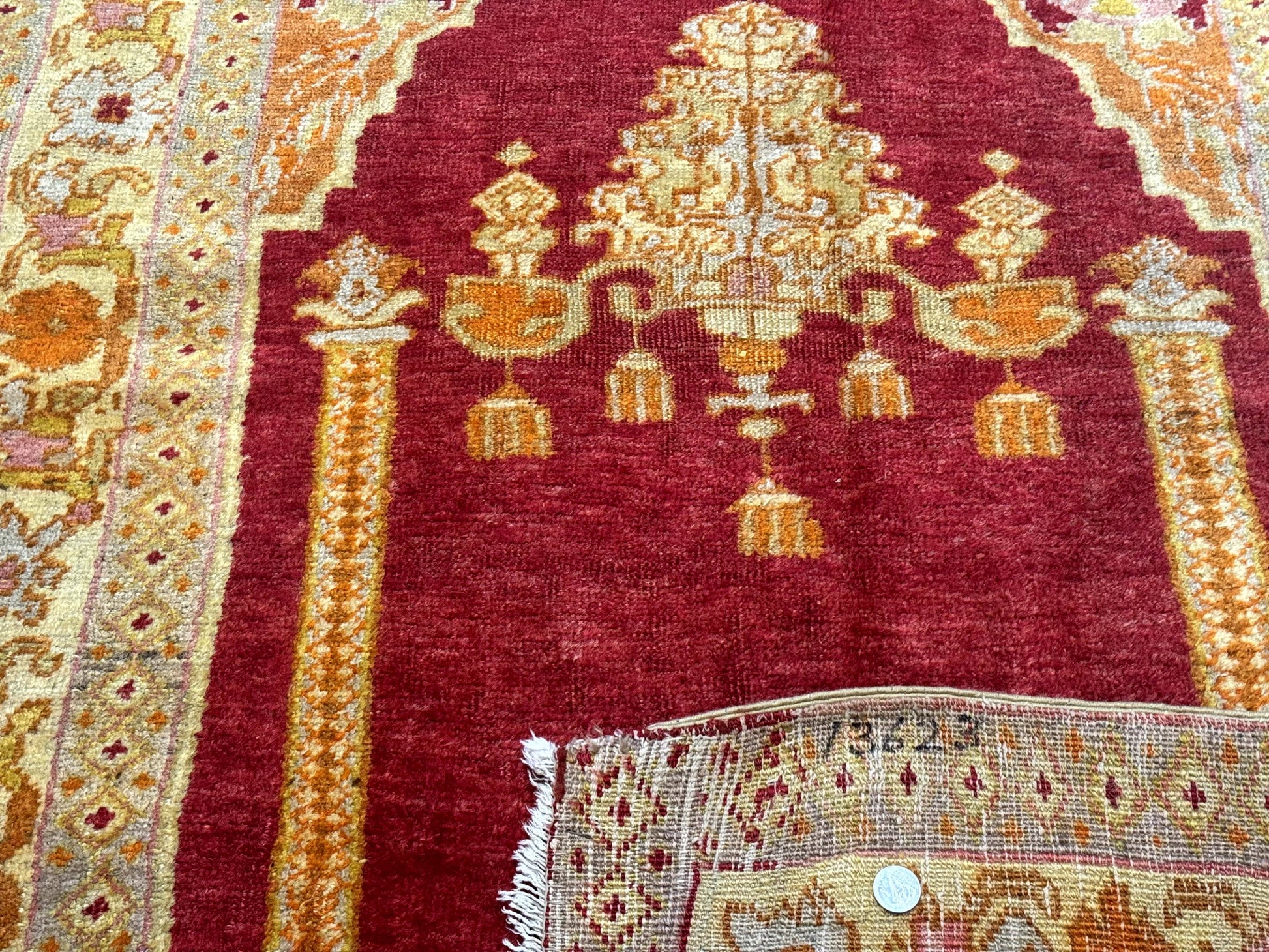 Antique Turkish Prayer Rug 4x6, Red and Golden Mustard, Mihrab Design, Anatolian Carpet - Nuvé