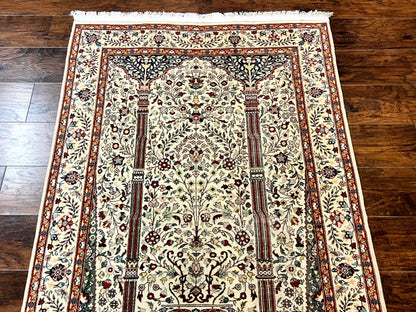 Pak Perisan Prayer Rug 4x6, Tree of LIfe Carpet, Handmade Vintage Wool Rug, Beige, Floral Vases - Nuvé