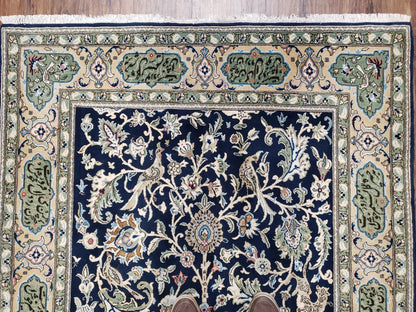 Semi Antique Persian Qum Tree of Life Rug, Hand-Knotted, Wool, Midnight Blue and Tan, Animal Pictorials, Written Poem in Borders, 4' 8" x 7' 8"