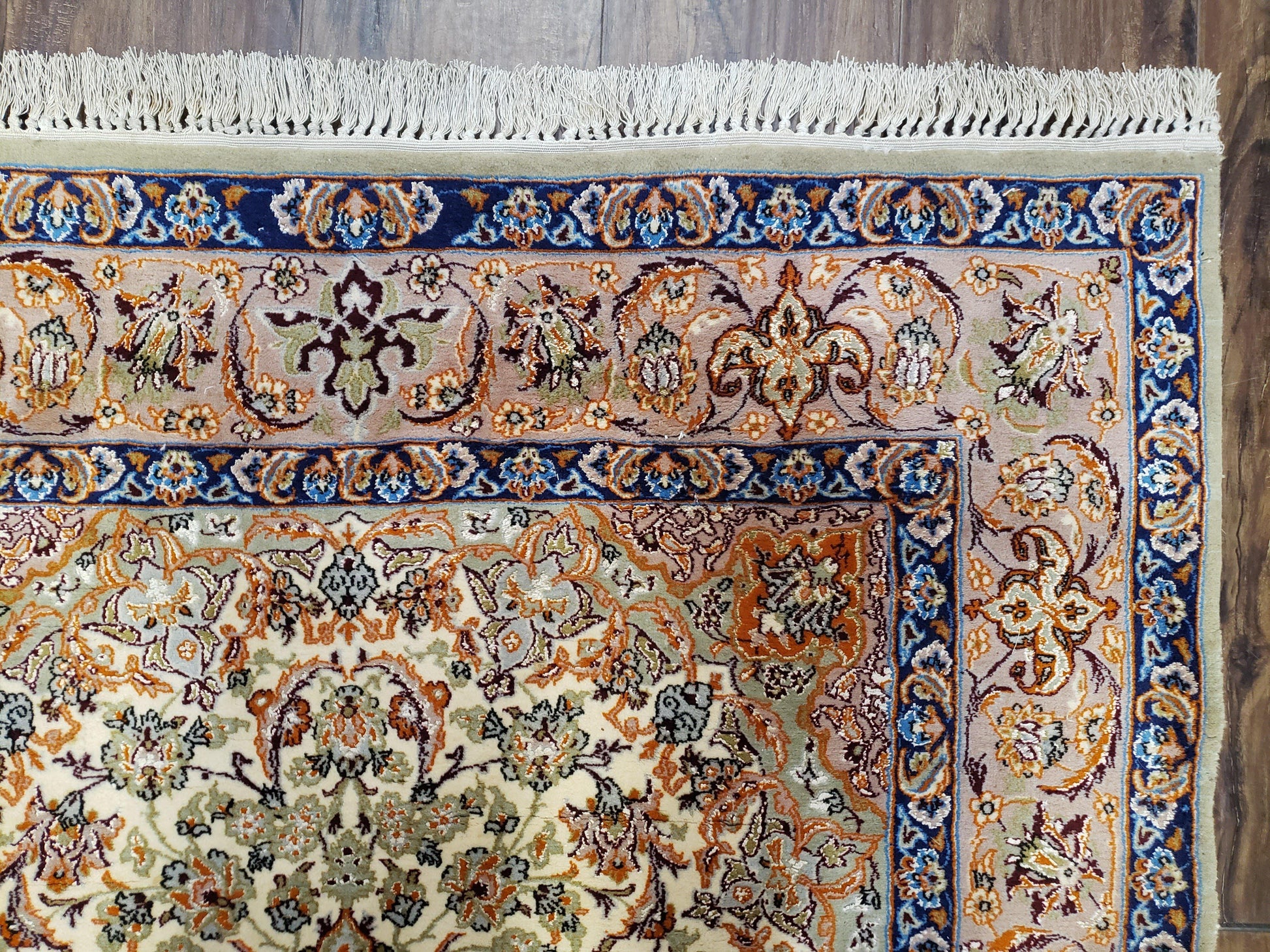 Vintage Persian Isfahan Lachak Toranj Rug, Highly Detailed, Kork Wool on Silk Foundation, Beige and Dark Blue, Hand-Knotted, 3'6" x 5' 4" - Nuvé