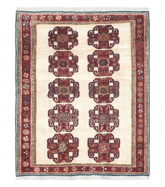 Vintage Persian Gabbeh Rug, Dark Red & Cream, Hand-Knotted, 5' x 6' 4"