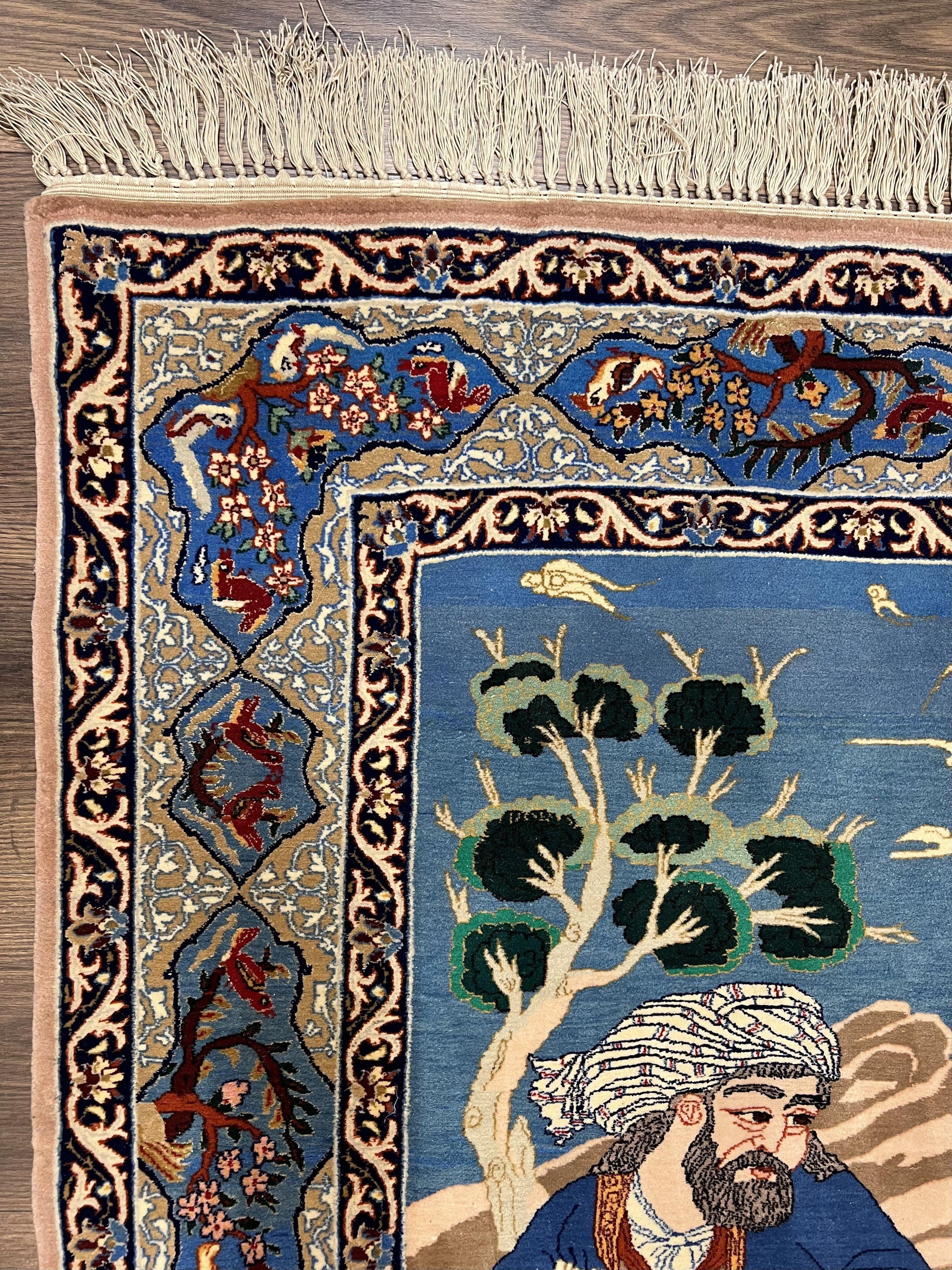 Fine Persian Isfahan Pictorial Rug 3.7 x 5, Kork Wool on Silk Foundation, Blue Persian Carpet, Hand Knotted, Humans Birds, High KPSI, Semi Antique - Nuvé