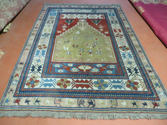 5' X 7' Vintage Handmade Turkish Wool Rug Carpet Melas Animal Human Motifs Colorful Bohemian Boho Style Home Décor - Nuvé