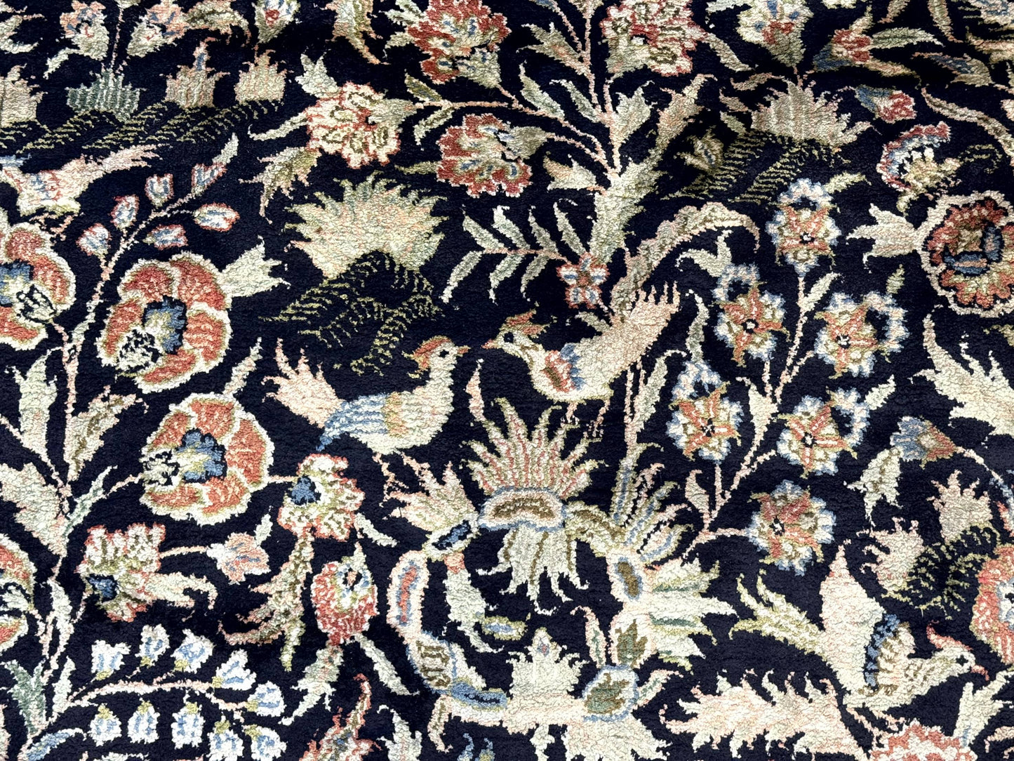 Silk Rug 4x6, Black and Cream, Floral & Bird Pictorials, Fine 330 KPSI, Sino Persian Rug - Nuvé