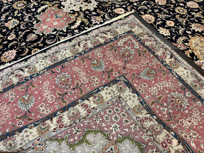 Magnificent Persian Tabriz Rug 11x16, Oversized Persian Carpet 11 x 16 ft, Wool on Silk Finely Hand Knotted, 450 KPSI, Floral Medallion, Black Pink - Nuvé