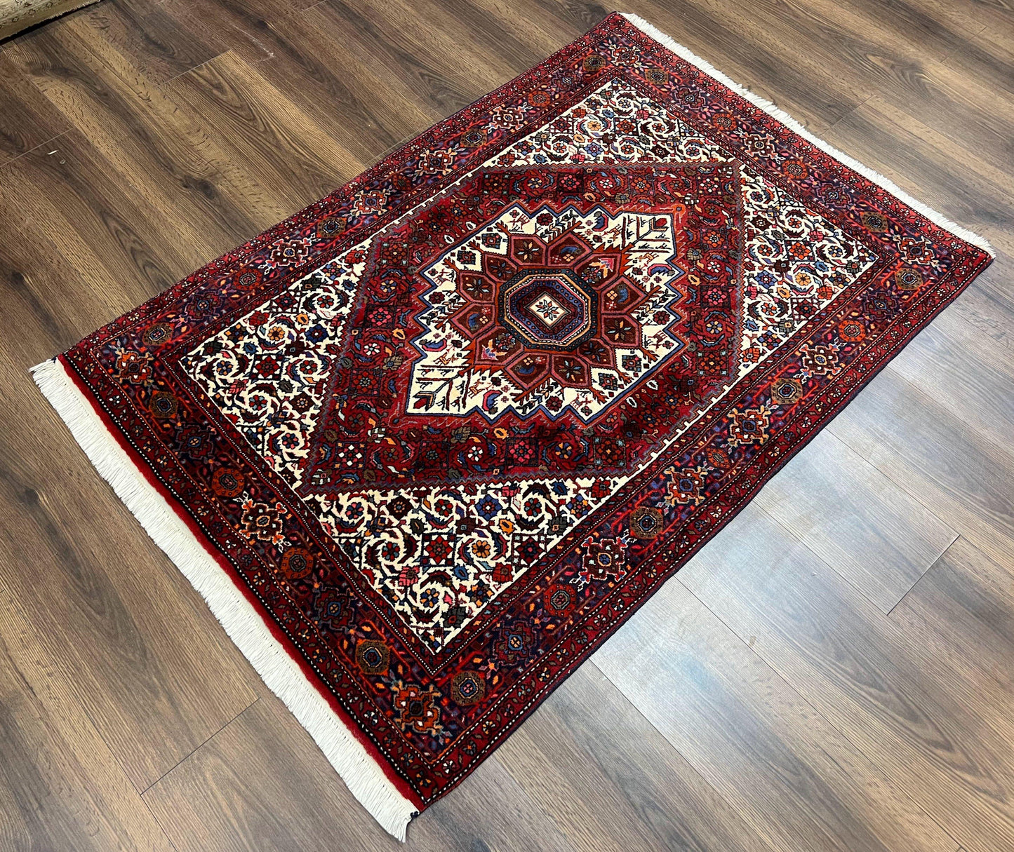 Fine Persian Bidjar Rug 3x5, Geometric Medallion Oriental Bijar Carpet 3 x 5 ft, Ruby Red and Cream, Hand Knotted Wool Rug, Semi Antique Tribal Rug, Nice - Nuvé
