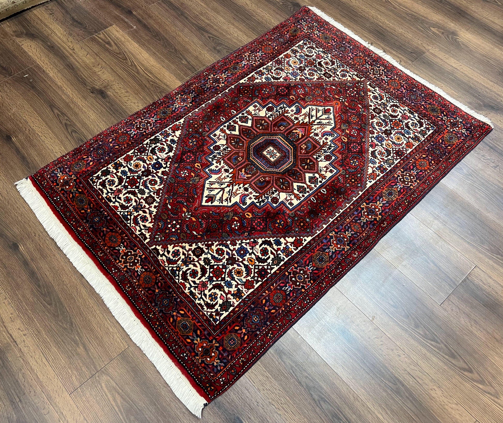 Fine Persian Bidjar Rug 3x5, Geometric Medallion Oriental Bijar Carpet 3 x 5 ft, Ruby Red and Cream, Hand Knotted Wool Rug, Semi Antique Tribal Rug, Nice - Nuvé