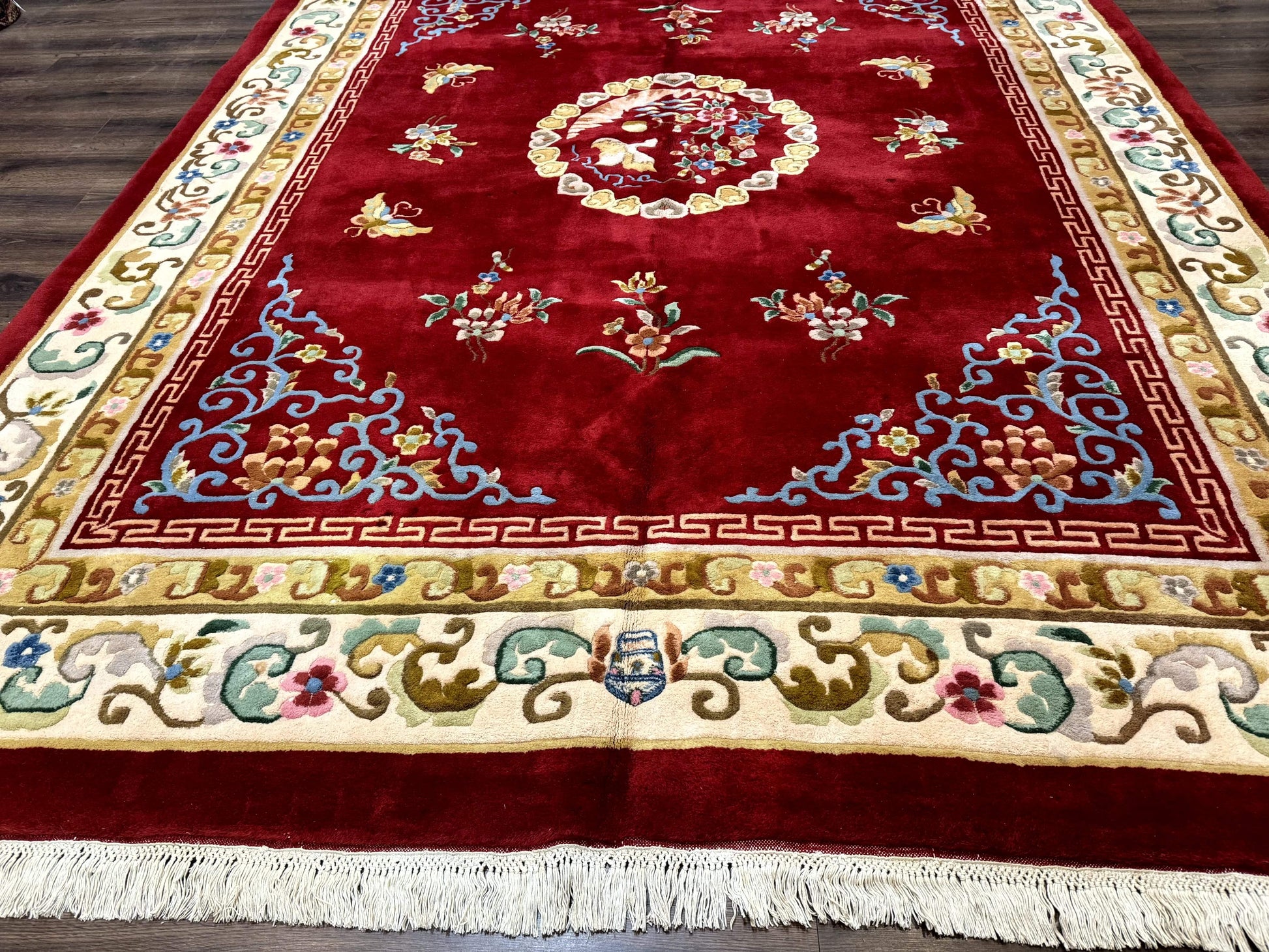 Indo Chinese Wool Rug 9x12, Red Art Deco Carpet, Vintage - Nuvé