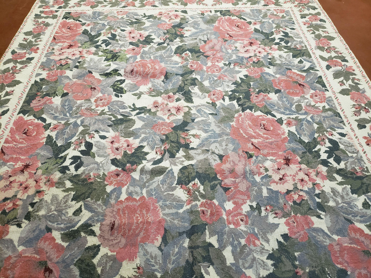 5x8 Needlepoint Rug 5' 4" x 8' 3" Wool Flat Weave Floral New Unused Carpet English Design Ivory Large Pink Flowers Green Leaves Hand-Knotted