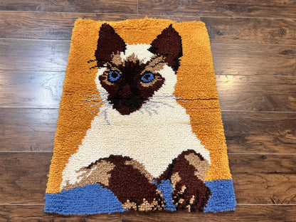 Small Shag Rug with Siamese Cat Pictorial, 2x3 ft Rug, Wool, Vintage, Danish Rya Shag Rug, Orange - Nuvé