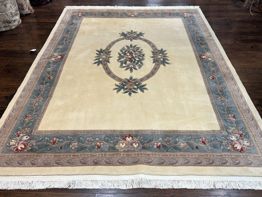 Chinese Carving Rug 8x10, Chinese Wool Carpet 8 x 10, Cream, 120 Line Rug, Vintage Handmade Art Deco Asian Oriental Rug, Aubusson Rug - Nuvé