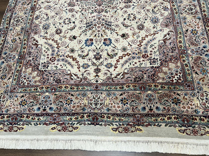 Beautiful Pak Persian Rug 6x9, Floral Medallion, Wool and Silk, Highly Detailed Elegant Carpet, Vintage Oriental Rug 6 x 9, Cream and Gray - Nuvé