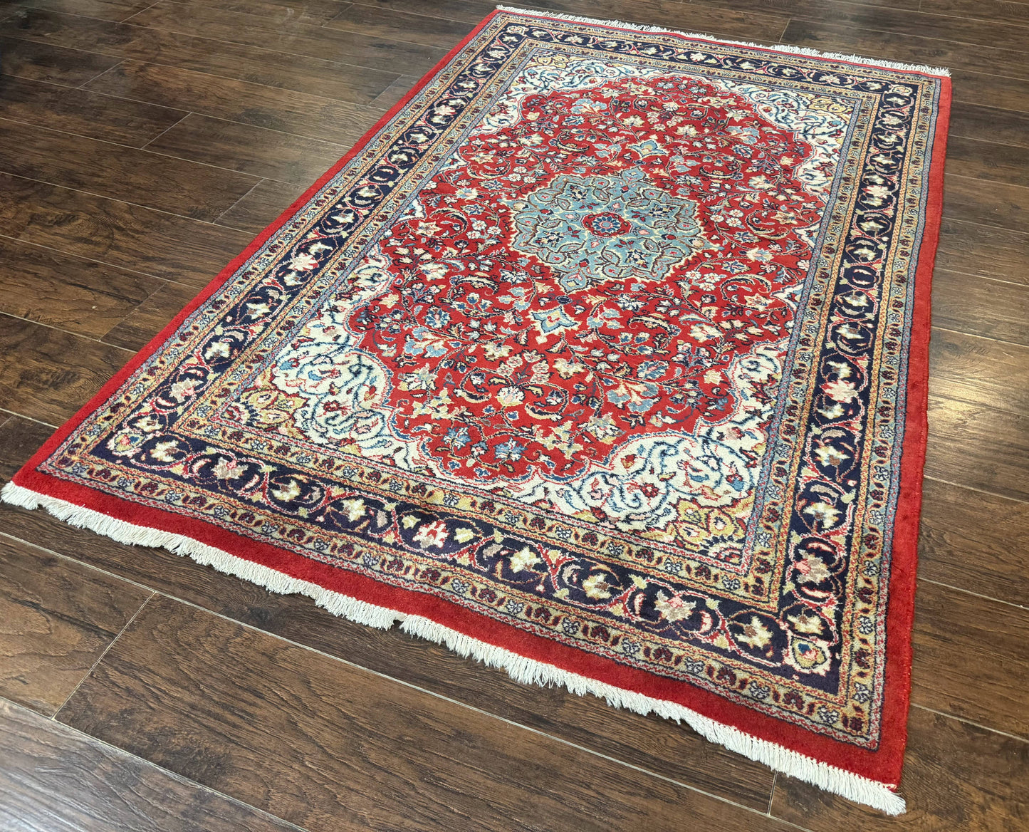Persian Sarouk Rug 4x7, Red Navy Blue Vintage Wool Medallion Carpet - Nuvé