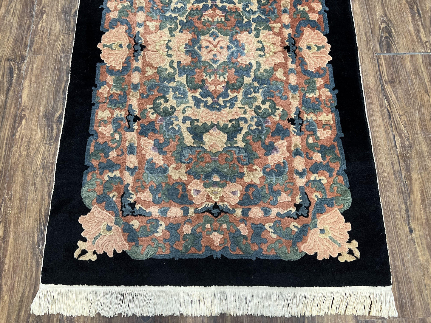 Chinese Art Deco Rug 3x5, Black and Beige Chinese Carpet 3 x 5, Vintage Rug, 1950s Rug, Floral Rug, Handmade Rug, Art Deco Rug, Wool Rug - Nuvé