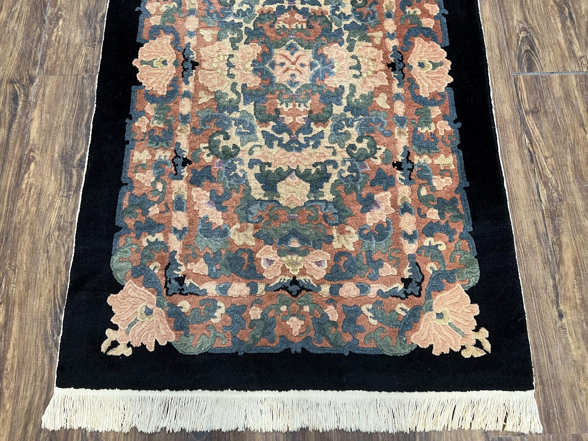Chinese Art Deco Rug 3x5, Black and Beige Chinese Carpet 3 x 5, Vintage Rug, 1950s Rug, Floral Rug, Handmade Rug, Art Deco Rug, Wool Rug - Nuvé