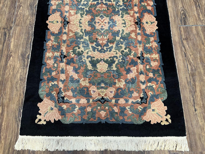Chinese Art Deco Rug 3x5, Black and Beige Chinese Carpet 3 x 5, Vintage Rug, 1950s Rug, Floral Rug, Handmade Rug, Art Deco Rug, Wool Rug - Nuvé