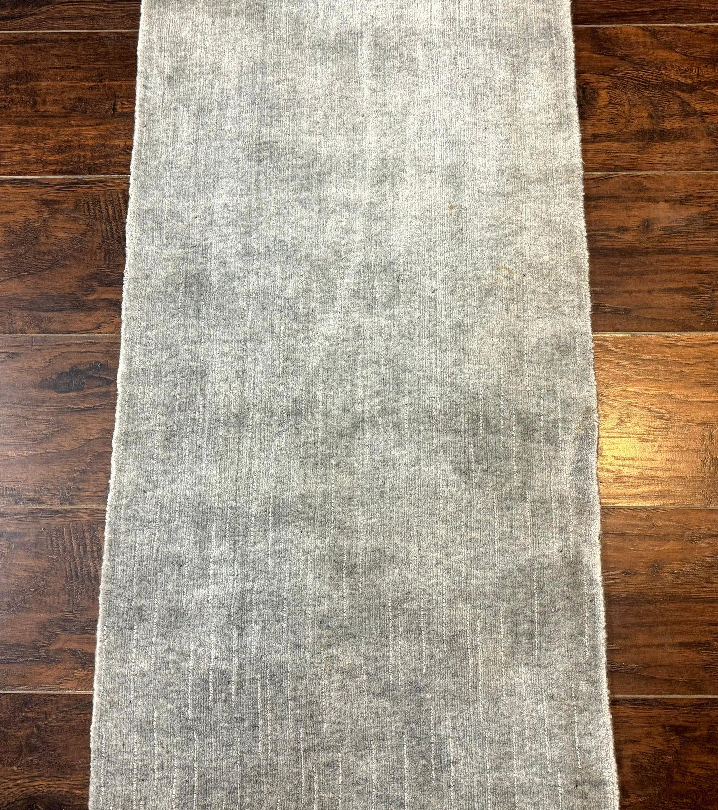 Modern Tibetan Runner Rug 1.9 x 8.6, Wool and Silk Highlights, Gray/Silver, Narrow Runner for Hallway or Kitchen - Nuvé