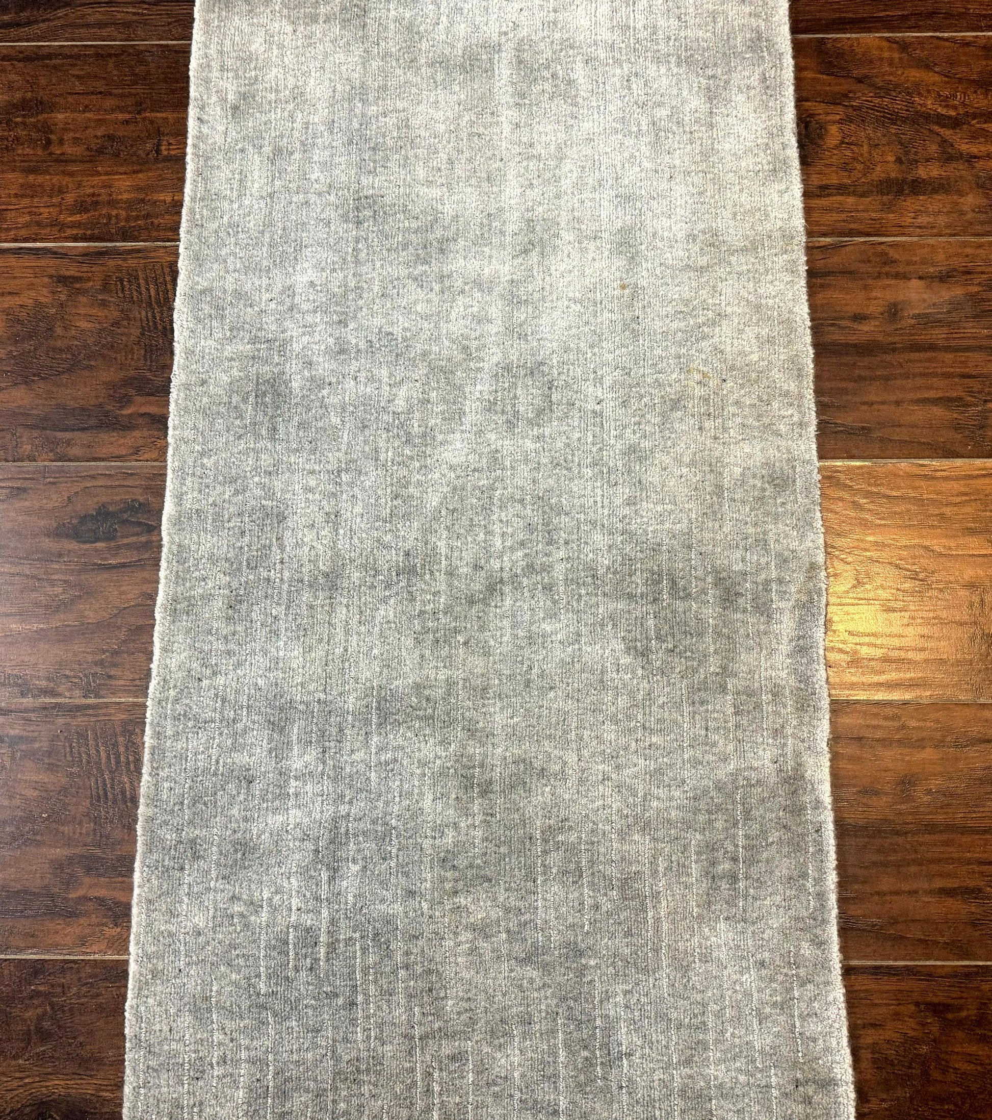 Modern Tibetan Runner Rug 1.9 x 8.6, Wool and Silk Highlights, Gray/Silver, Narrow Runner for Hallway or Kitchen - Nuvé