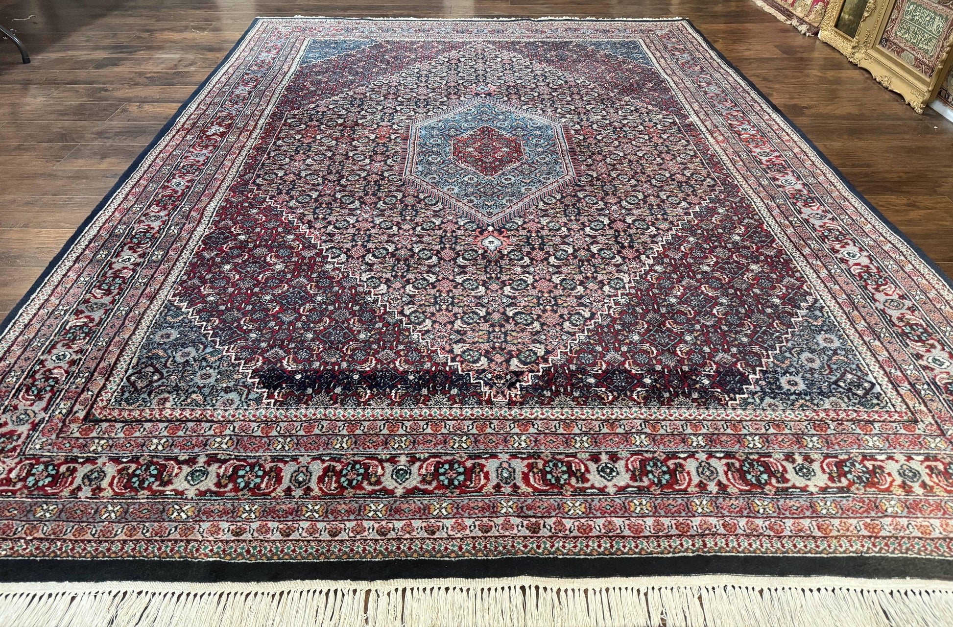 Indo Persian Bidjar Rug 8x11, Herati Mahi Pattern, Red Navy Blue, Handmade Vintage Wool Carpet - Nuvé