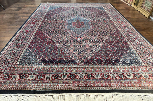 Indo Persian Bidjar Rug 8x11, Herati Mahi Pattern, Red Navy Blue, Handmade Vintage Wool Carpet - Nuvé