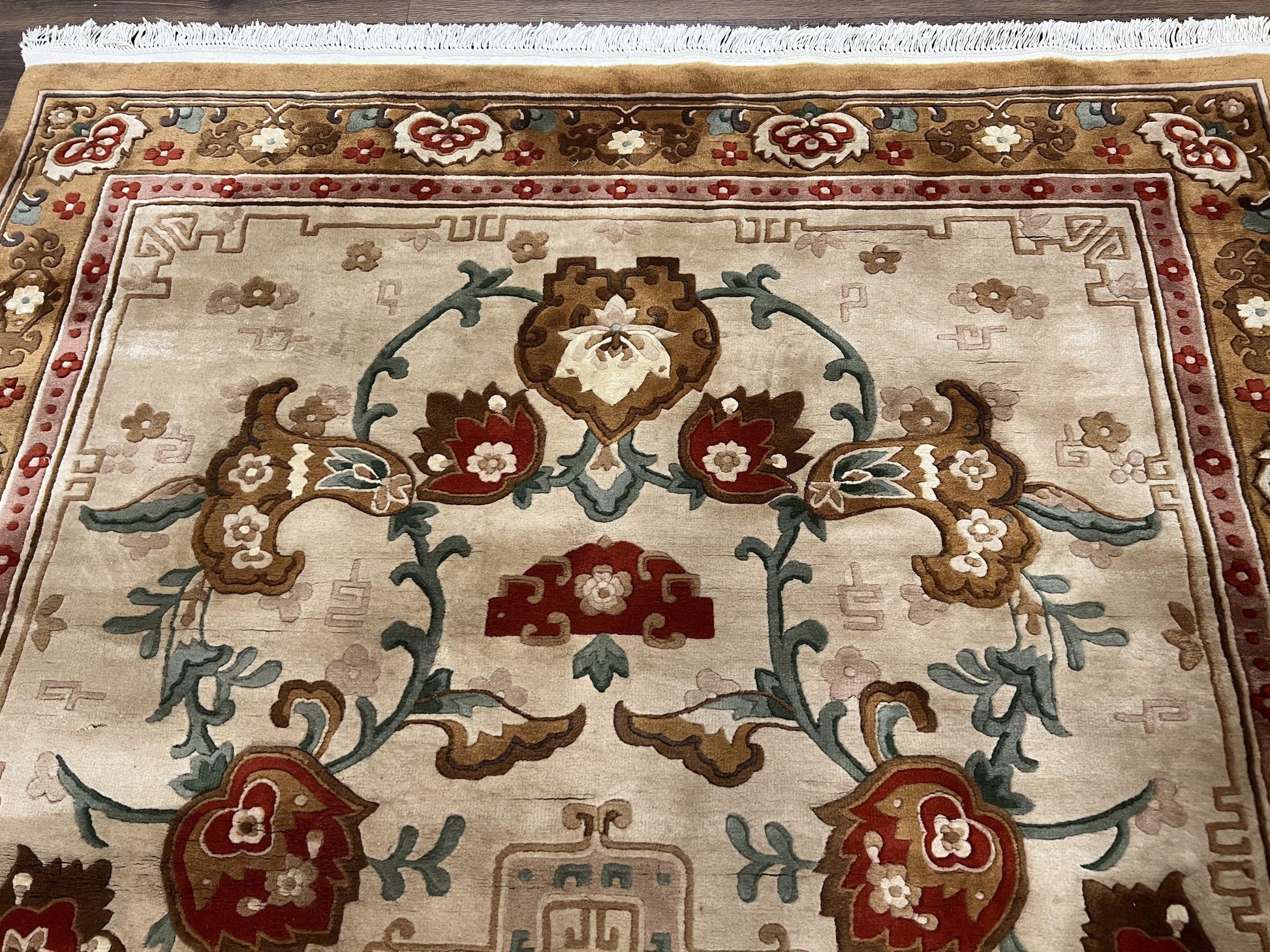 Chinese Wool Rug 5.9 x 9, Tan and Brown Asian Art Deco Carpet, Vintage 1960s Oriental Rug, Hand-Knotted Rug, Soft Wool, Medallion, Pair B - Nuvé