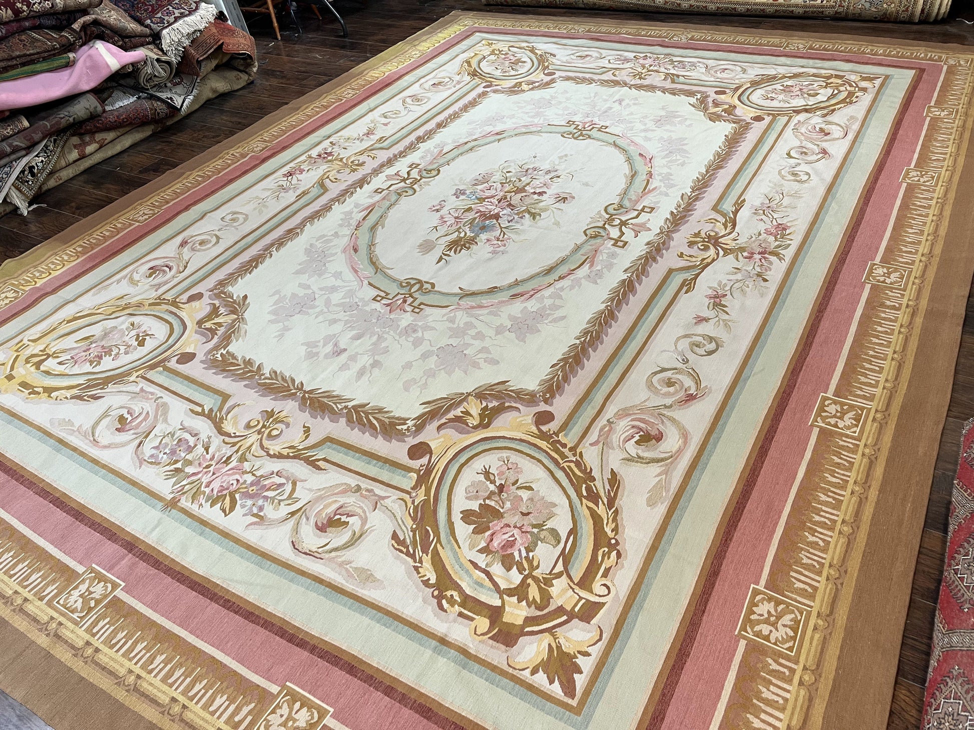Large Aubusson Rug 11x15, Oversized Gallery Palace Size Flatweave Savonnerie Carpet 11 x 15 ft, Wool Handmade Vintage Elegant European - Nuvé