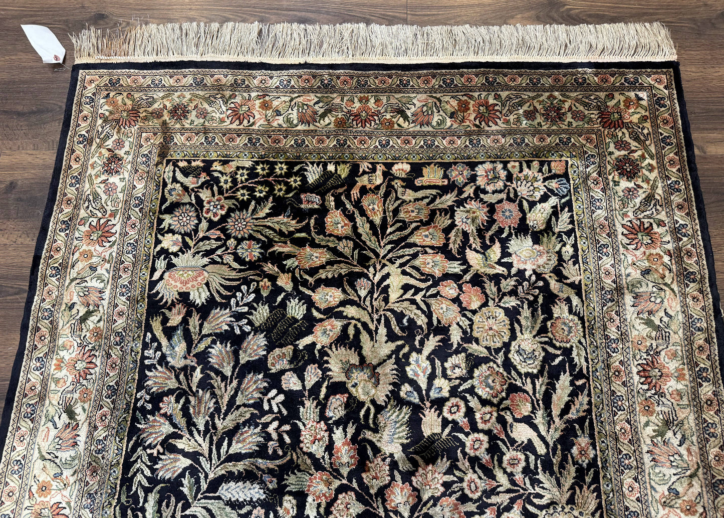 Silk Rug 4x6, Black and Cream, Floral & Bird Pictorials, Fine 330 KPSI, Sino Persian Rug - Nuvé