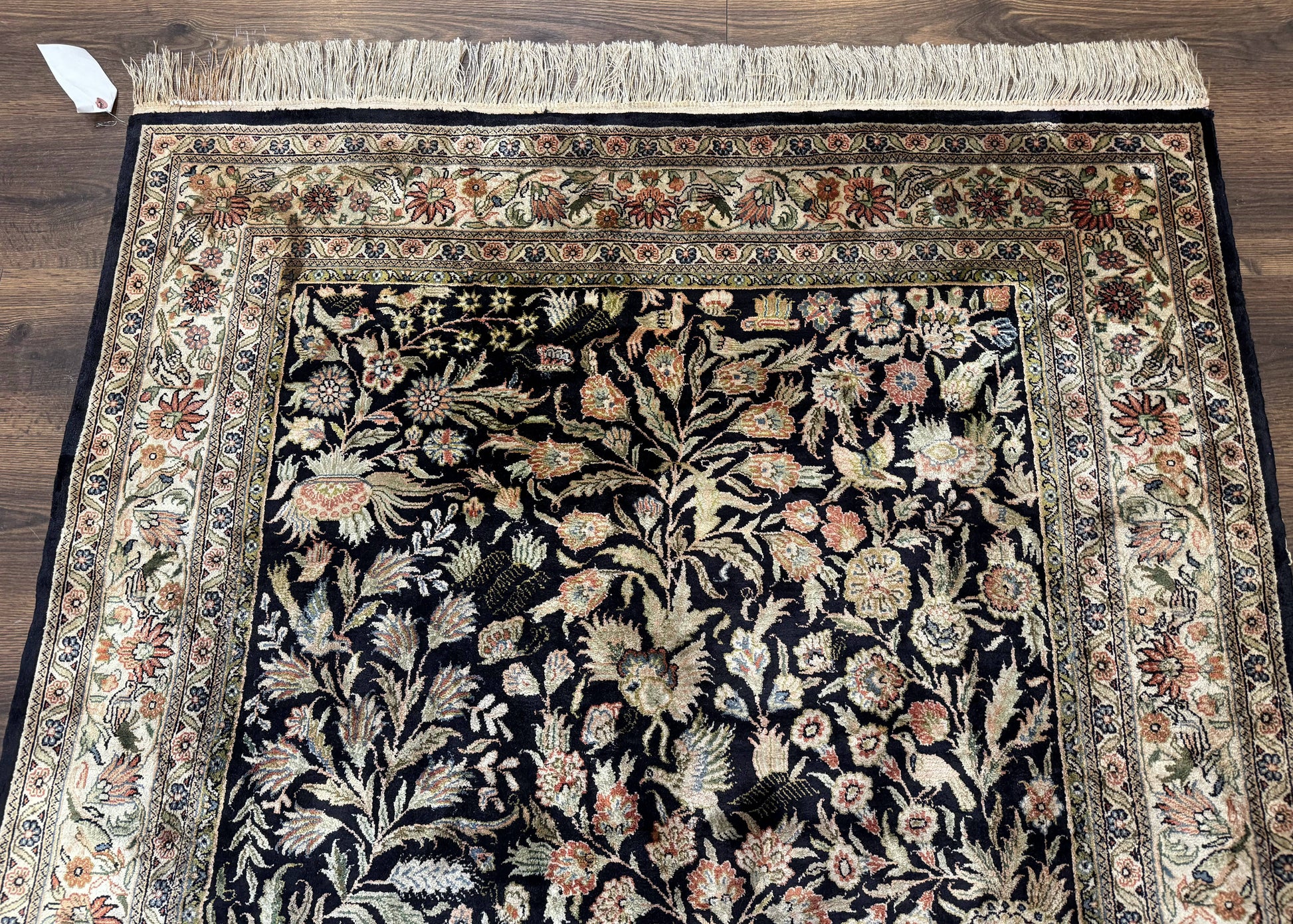 Silk Rug 4x6, Black and Cream, Floral & Bird Pictorials, Fine 330 KPSI, Sino Persian Rug - Nuvé