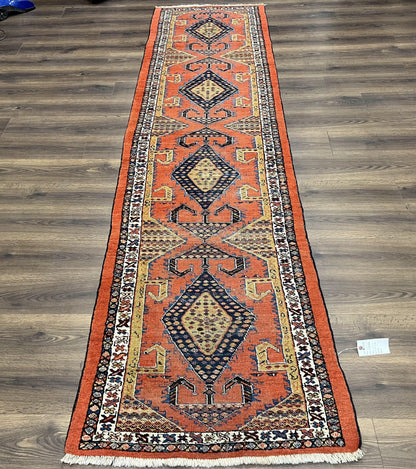 Rare Persian Tribal Runner Rug 3 x 11, Sarab Serab Persian Runner, Antique 1920s Collectible Geometric Medallions Oriental Wool Runner, Hand Knotted, Bright Orange-Red - Nuvé
