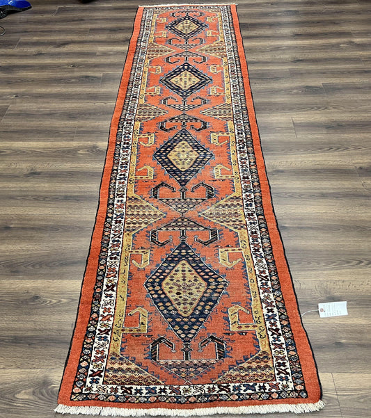 Rare Persian Tribal Runner Rug 3 x 11, Sarab Serab Persian Runner, Antique 1920s Collectible Geometric Medallions Oriental Wool Runner, Hand Knotted, Bright Orange-Red - Nuvé