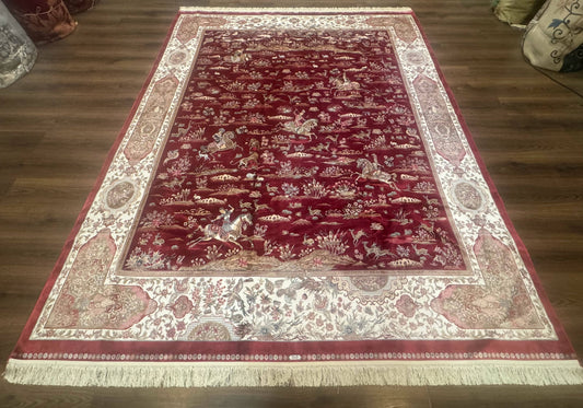 Turkish Silk Rug 8x10, Red & Ivory, Hunting Design, Bamboo Silk, New - Nuvé