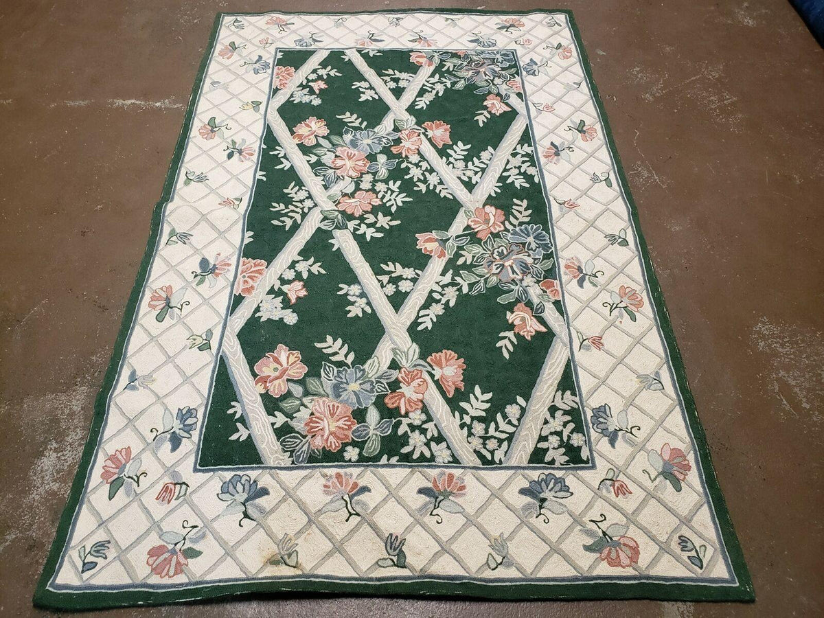 3' 6" X 5' 6" Hand Stitched Indian Wool Rug with Backing Green Beige