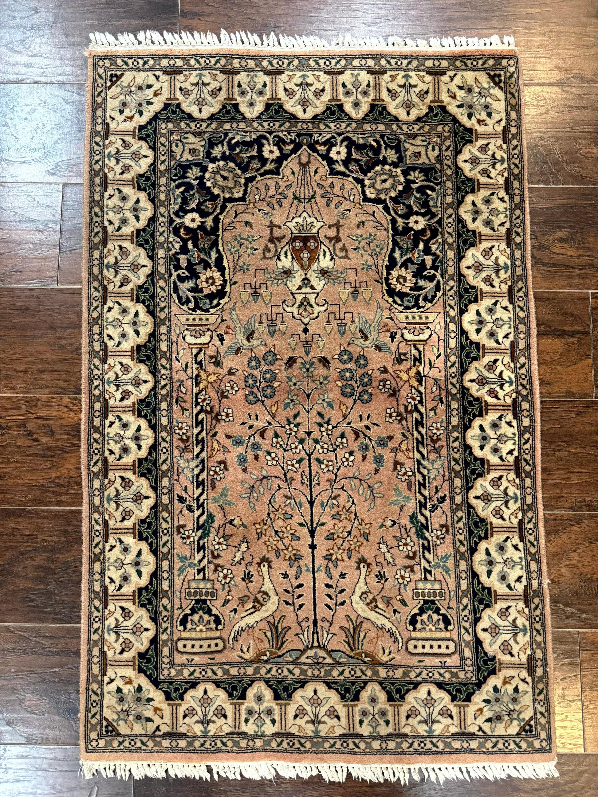 Small Tree of Life Prayer Rug, Pak Persian Rug 2.7 x 4, , Birds, Lantern, Handmade Vintage Fine 260 KPSI - Nuvé