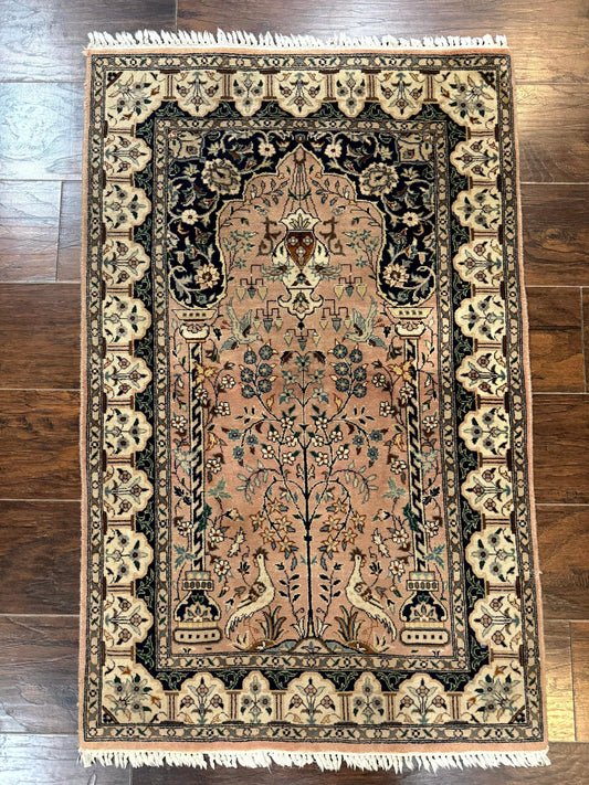 Small Tree of Life Prayer Rug, Pak Persian Rug 2.7 x 4, , Birds, Lantern, Handmade Vintage Fine 260 KPSI - Nuvé