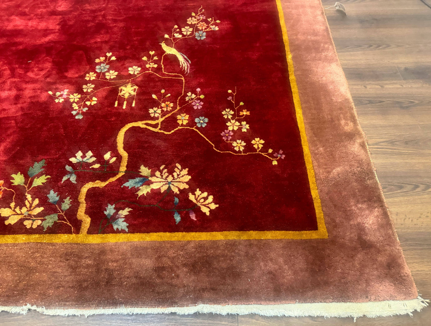 Red Chinese Art Deco Rug 9x11, Simple Design, Wool Chinese Area Rug, Antique - Nuvé