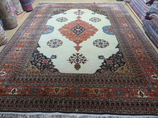Indo Persian Rug 9x12, Semi Open Field Medallion, Ivory Tomato Red Navy Blue, Hand Knotted Indian Oriental Wool Carpet 9 x 12 ft, Room Sized - Nuvé