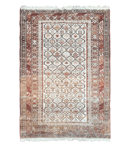 Antique Caucasian Shirvan Rug 4x6, Dagestan Area Rug, Wool Hand-Knotted Soft Red & Ivory 1920s Oriental Carpet, Soft Muted Colors
