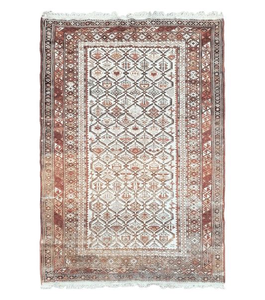 Antique Caucasian Shirvan Rug 4x6, Dagestan Area Rug, Wool Hand-Knotted Soft Red & Ivory 1920s Oriental Carpet, Soft Muted Colors