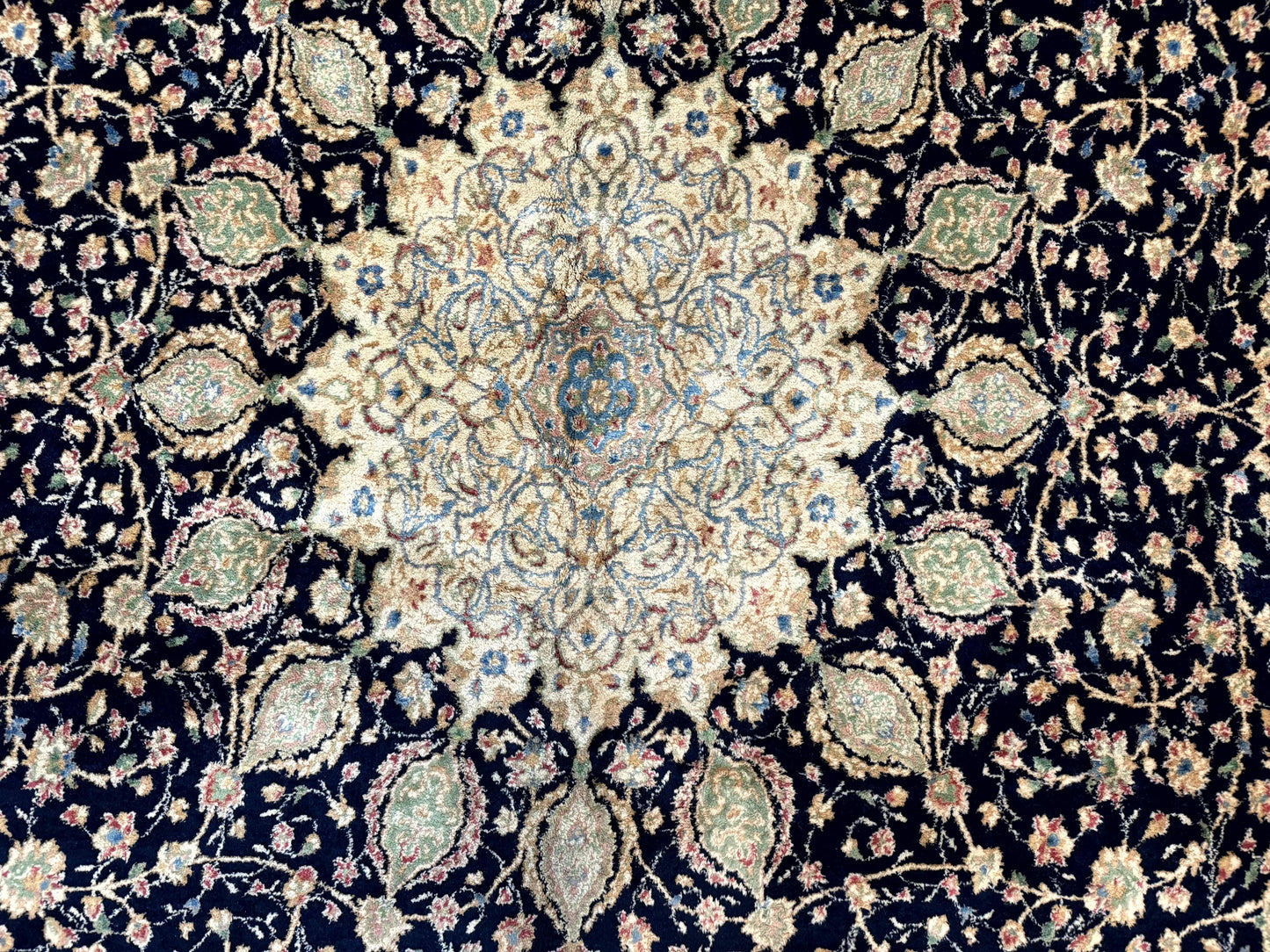 Large Persian Kerman Rug 10x14, Navy Blue and Beige, Floral Medallion, Traditional Elegant Persian Carpet, Signed by Masterweaver - Nuvé
