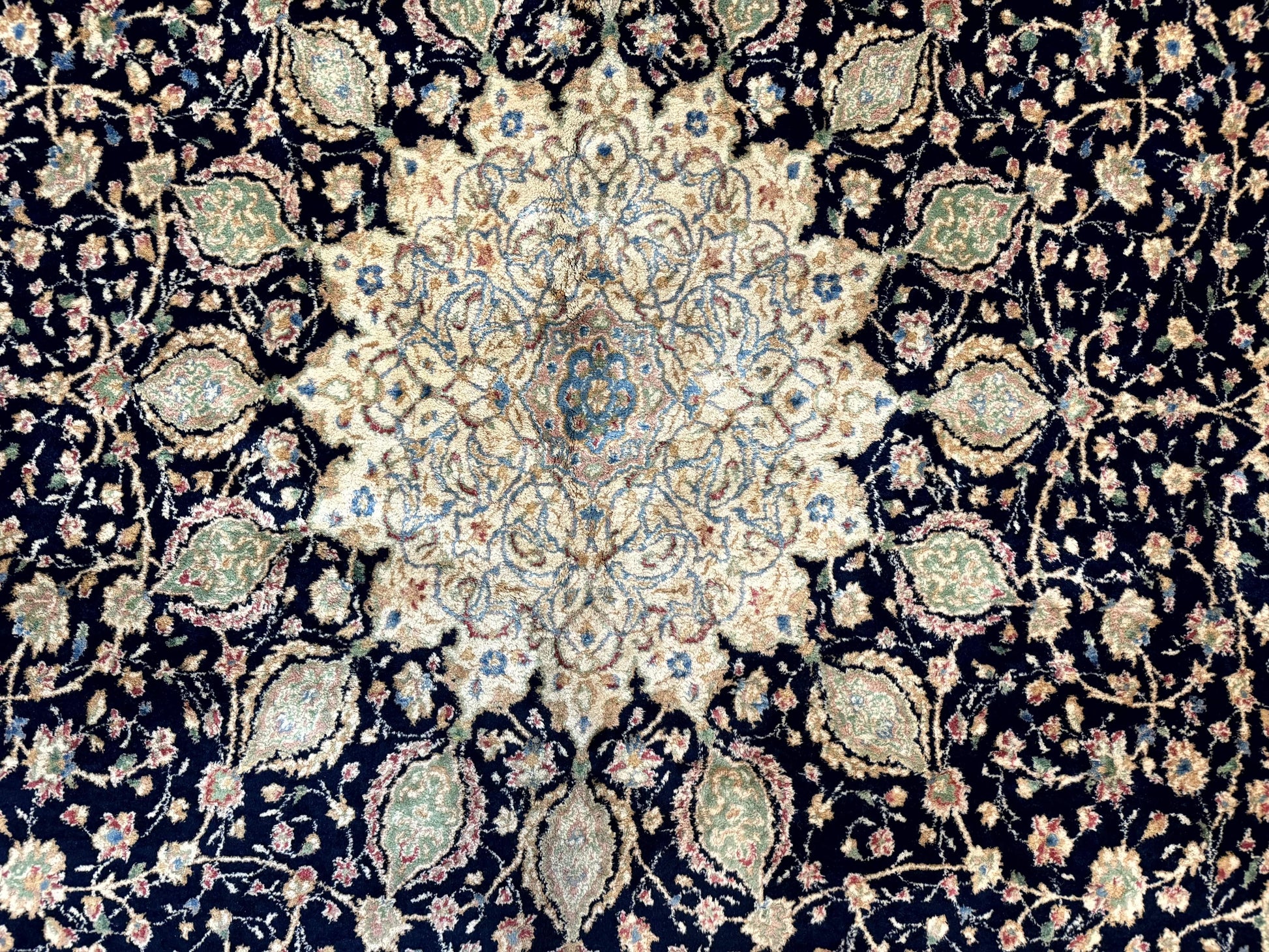 Large Persian Kerman Rug 10x14, Navy Blue and Beige, Floral Medallion, Traditional Elegant Persian Carpet, Signed by Masterweaver - Nuvé