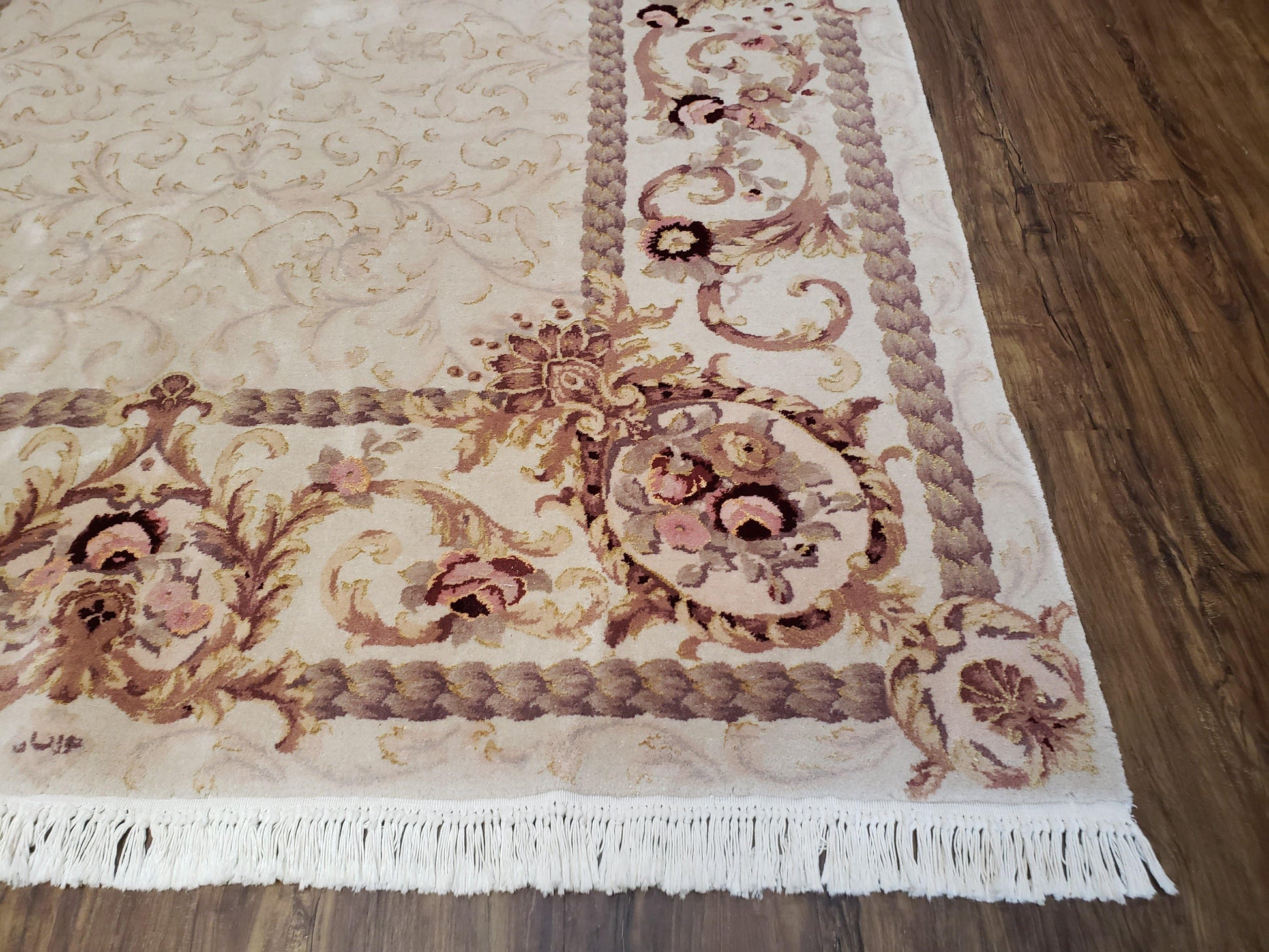 Vintage Ivory Chinese Aubusson Area Rug 6x9, Wool & Silk, Hand-Knotted 120 Line Fine Rug, European Design Carpet, 6 x 9 Master Signature Rug - Nuvé