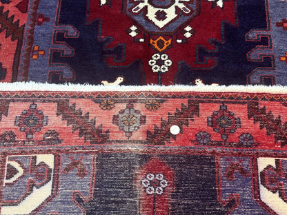 Persian Karajeh Runner Rug 3.6 x 9.5, Geometric Medallions, Tribal Village Rug, Navy Blue, Handmade - Nuvé