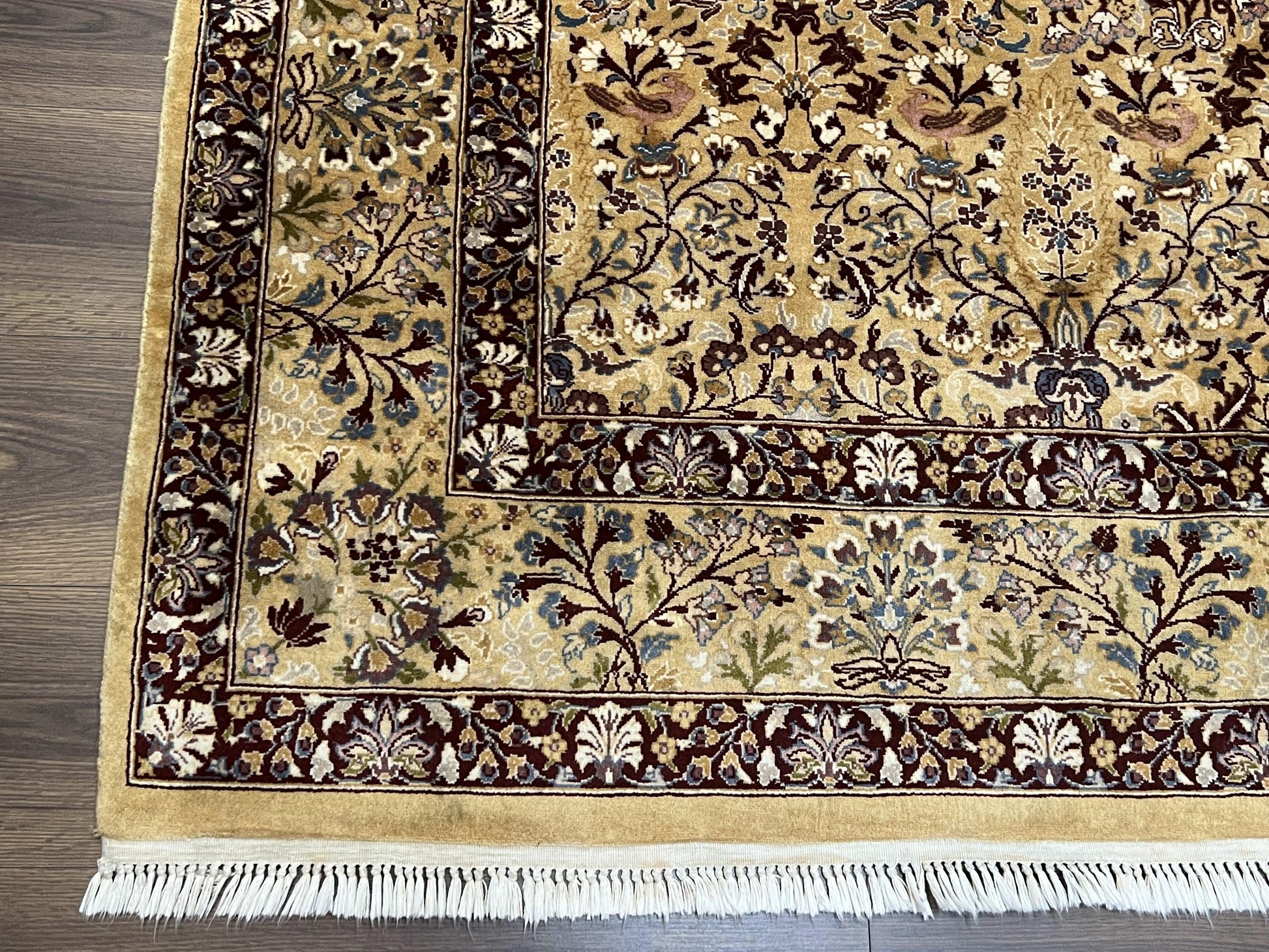 Pretty Indo Persian Rug 6x9, Allover Floral Motif with Birds, Tan/Cream, Very Fine Oriental Carpet, Hand Knotted Vintage Indian Wool Rug - Nuvé