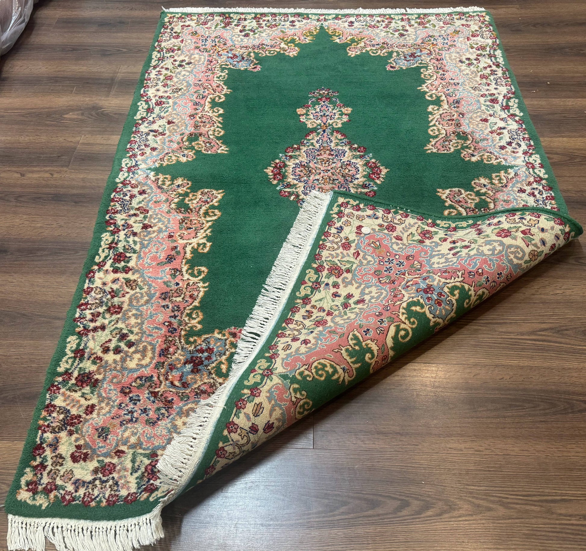 Green Persian Kerman Rug 4x6, Semi Open Field, Green & Cream, Vintage - Nuvé