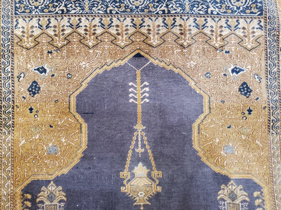 Rare Turkish Ghiordes Prayer Rug 4 x 5.8 ft, Late 19th Century Turkish Oriental Carpet, Mehrab Antique Prayer Rug, Museum Quality, Blue, Tan - Nuvé