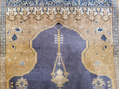 Rare Turkish Ghiordes Prayer Rug 4 x 5.8 ft, Late 19th Century Turkish Oriental Carpet, Mehrab Antique Prayer Rug, Museum Quality, Blue, Tan - Nuvé