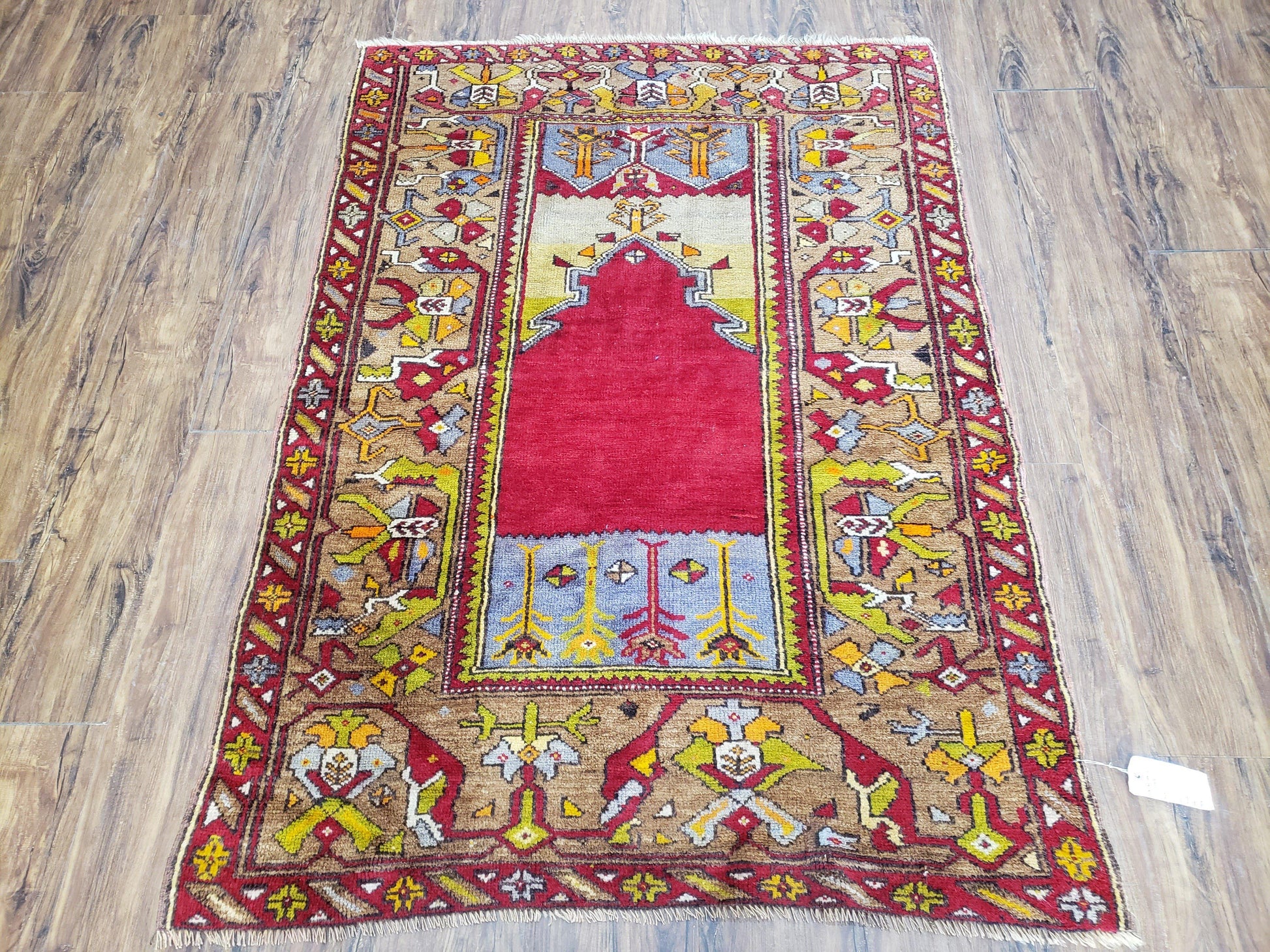 Antique Turkish Prayer Rug 3.8 x 5ft, Colorful Prayer Rug, Red Blue Gold Multicolor Turkish Anatolian Carpet, Handmade Hand-Knotted, Wool - Nuvé
